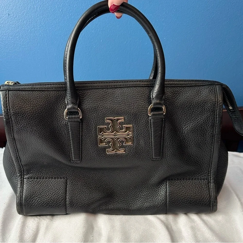 Tory Burch Britten Satchel Black Pebbled Leather Handbag Bag
